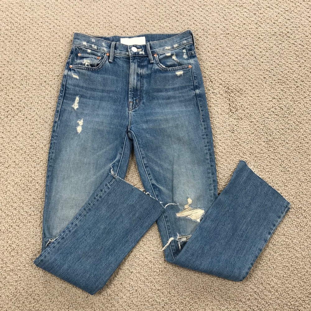 MOTHER The Insider Crop Step Fray Jeans Holy Melancholy Blue Distressed Size 25